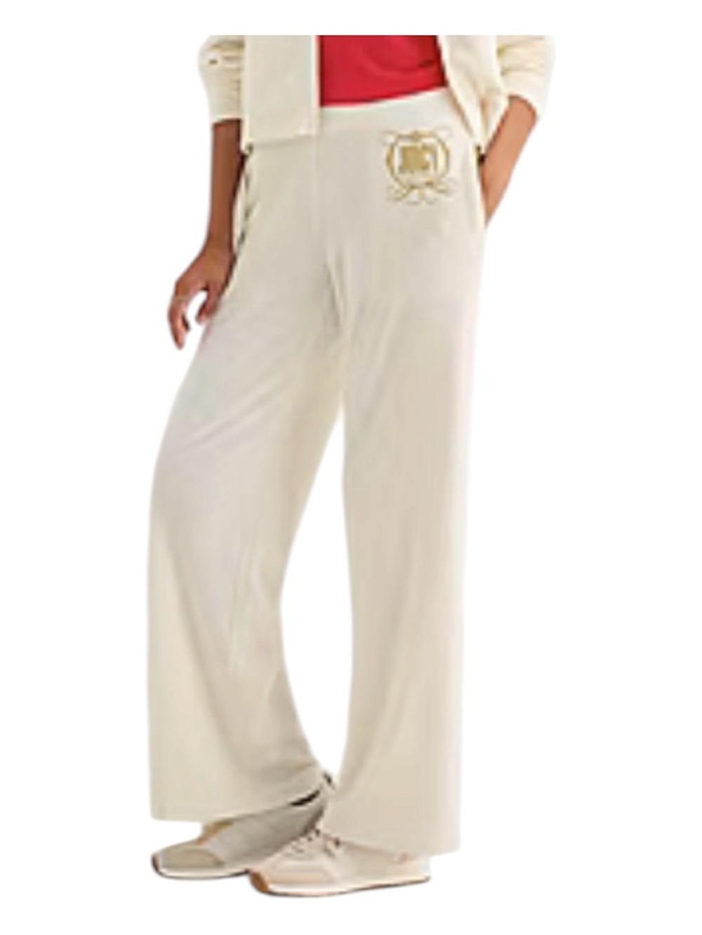 Juicy Couture Cream Wide-Leg Track Pants with Gold Crest size L